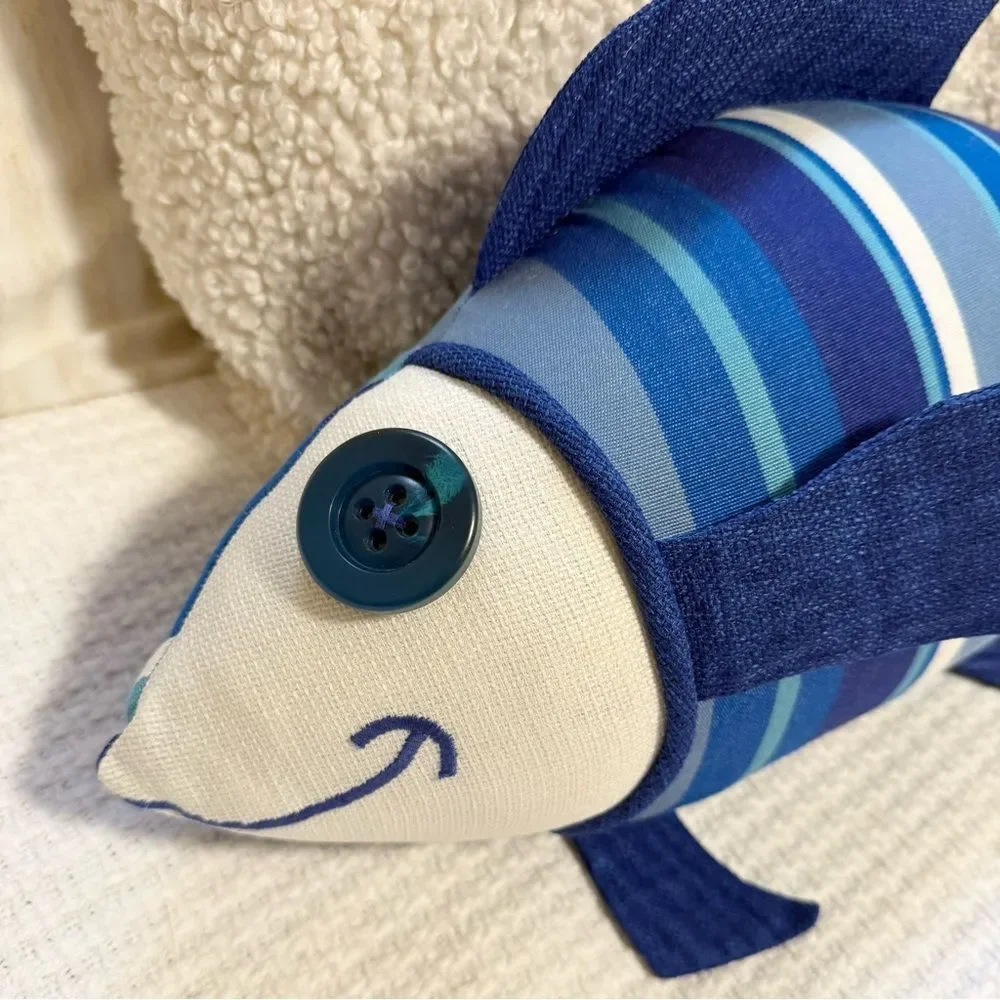 Fresh Catch Blue Striped Handcrafted Nautical Coastal Cottage Fish Accent Pillow